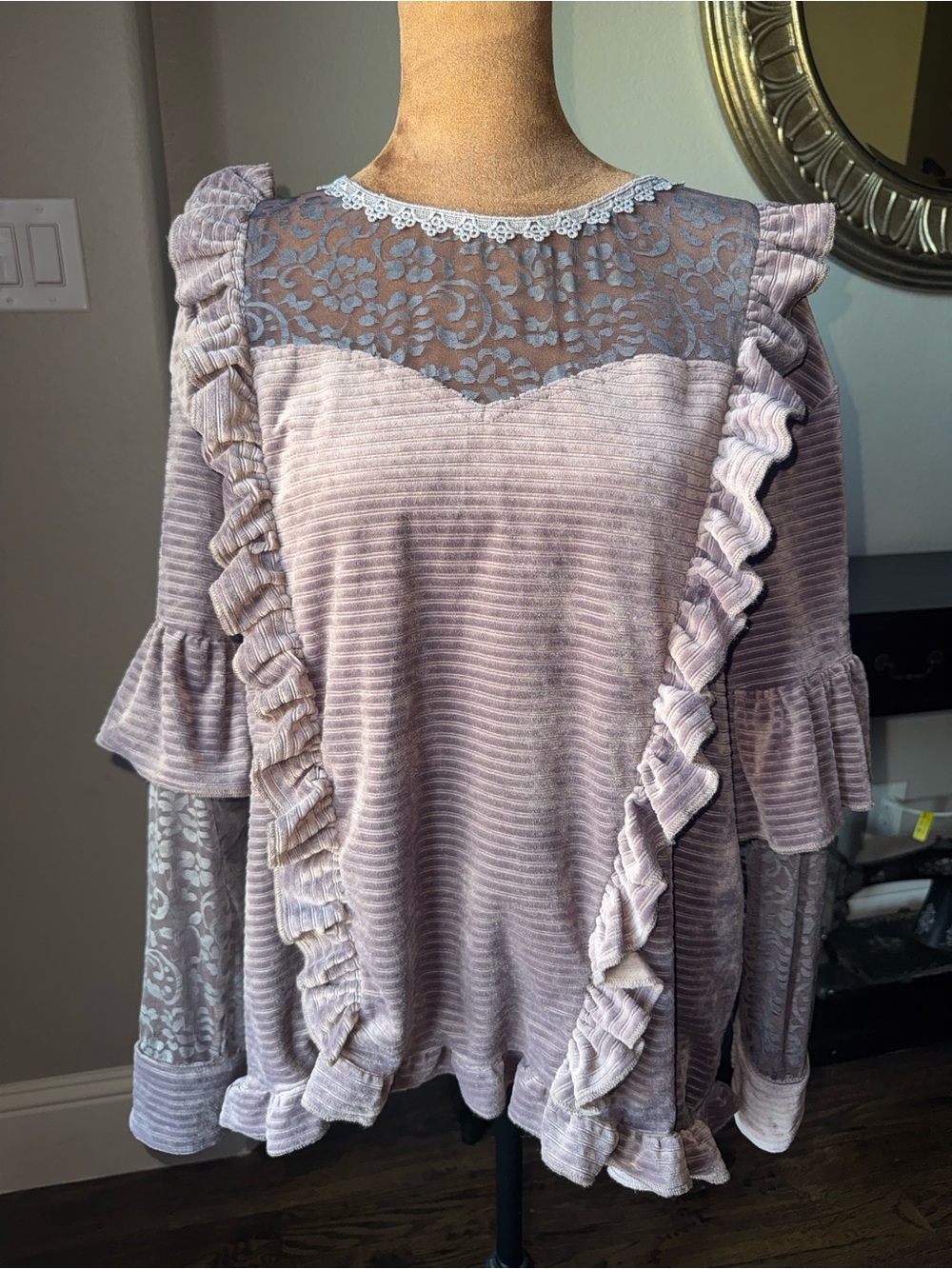 POL Dusty Purple Whimsigoth Velvet Sheer Sleeve Lace Ruffle Blouse S